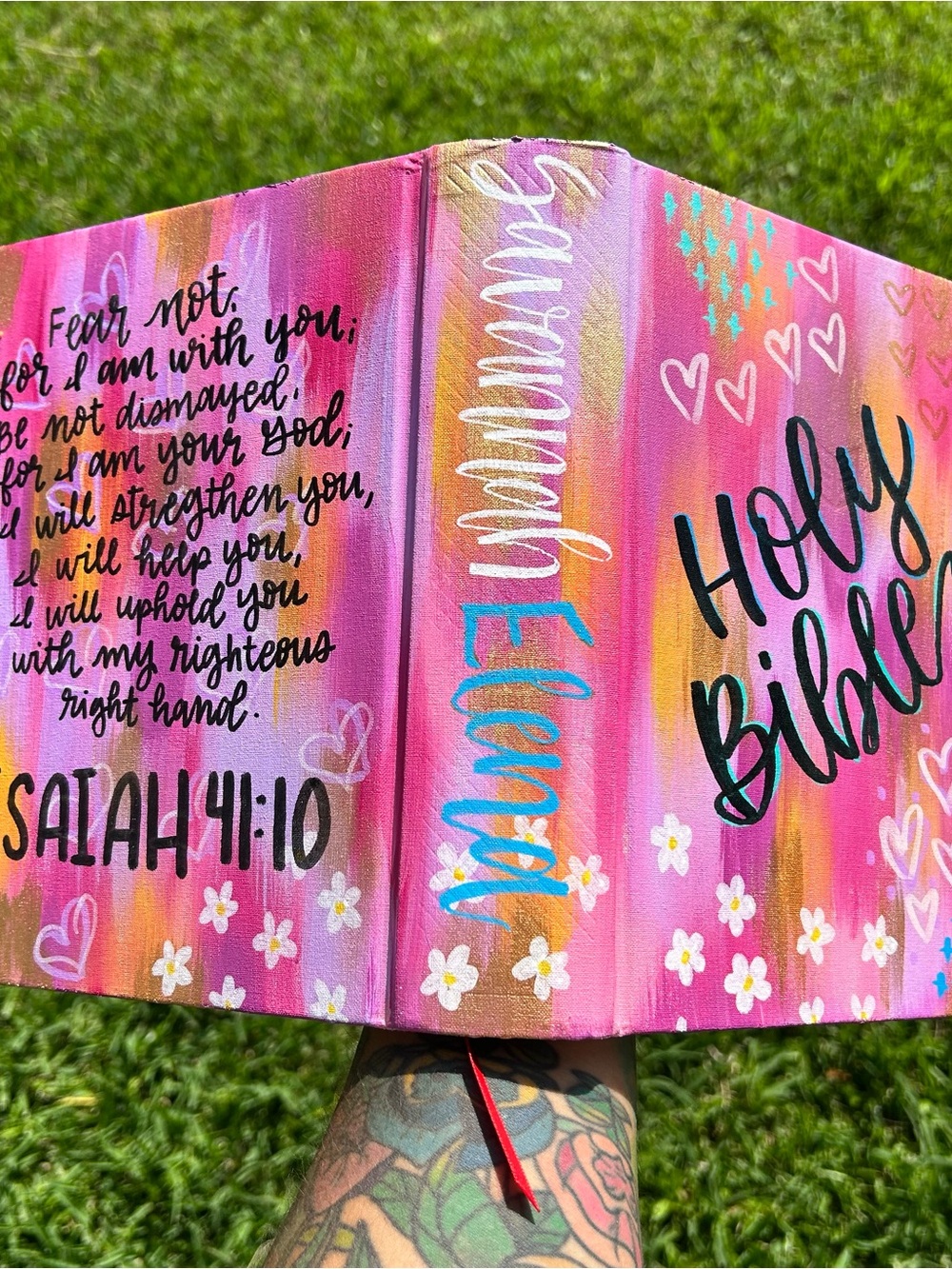 Hand-Painted Pink Floral Holy Bible Cover